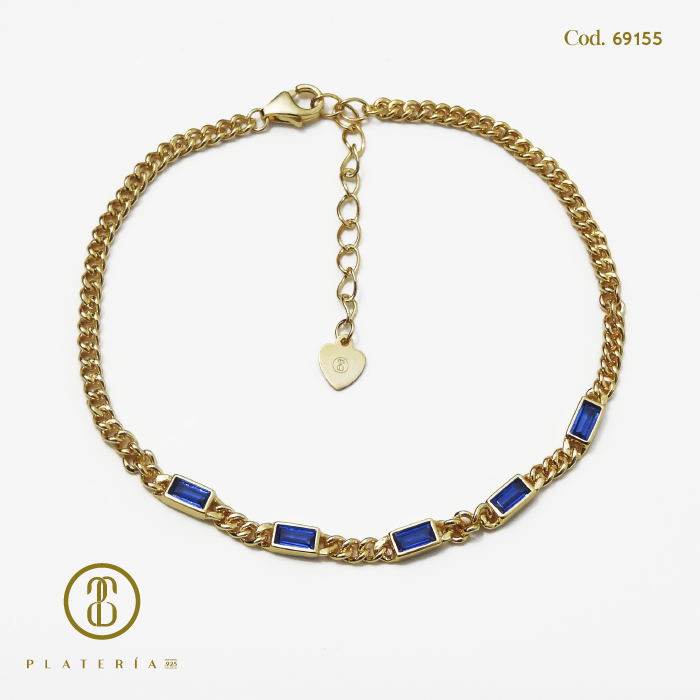PULSERA DORADA BAÑO 14K ZIRCON AZUL PLATA.925