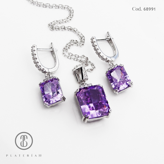 JUEGO RODINADO ZIRCON LILA PLATA.925