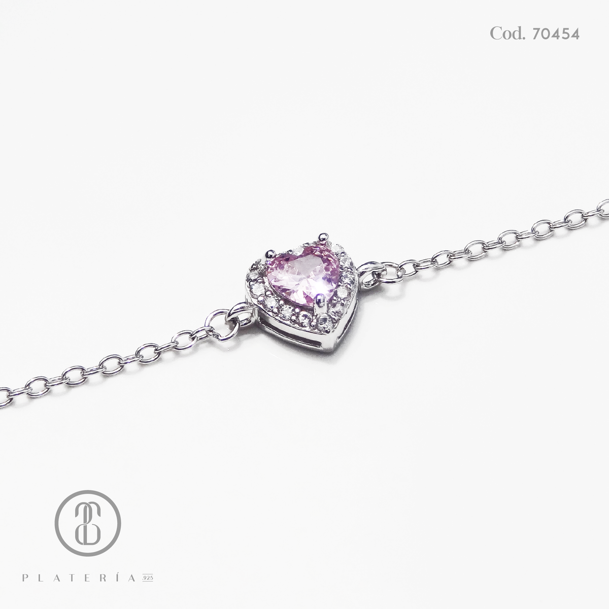 PULSERA RODINADA CORAZON ZIRCON ROSA PLATA.925