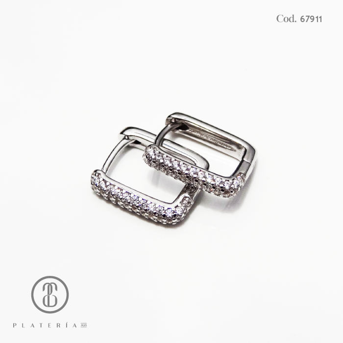 HUGGIE RODINADO CUADRADO 10MM  ZIRCON PLATA.925