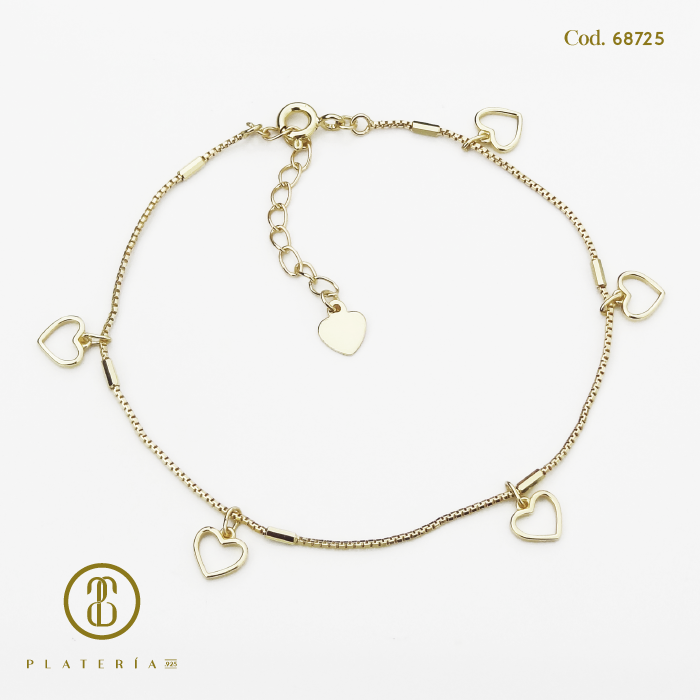 PULSERA DORADA BAÑO14K CORAZONES PLATA.925