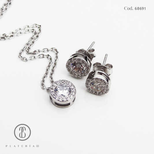JUEGO RODINADOZIRCON BISELADO CON PAVE PLATA.925