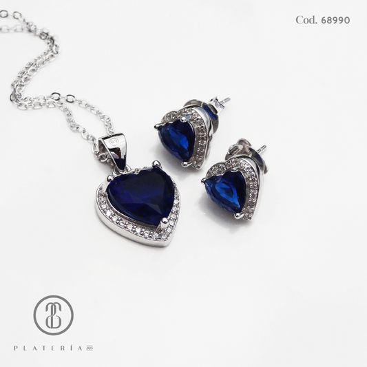 JUEGO RODINADO CORAZON ZIRCON AZUL PLATA.925