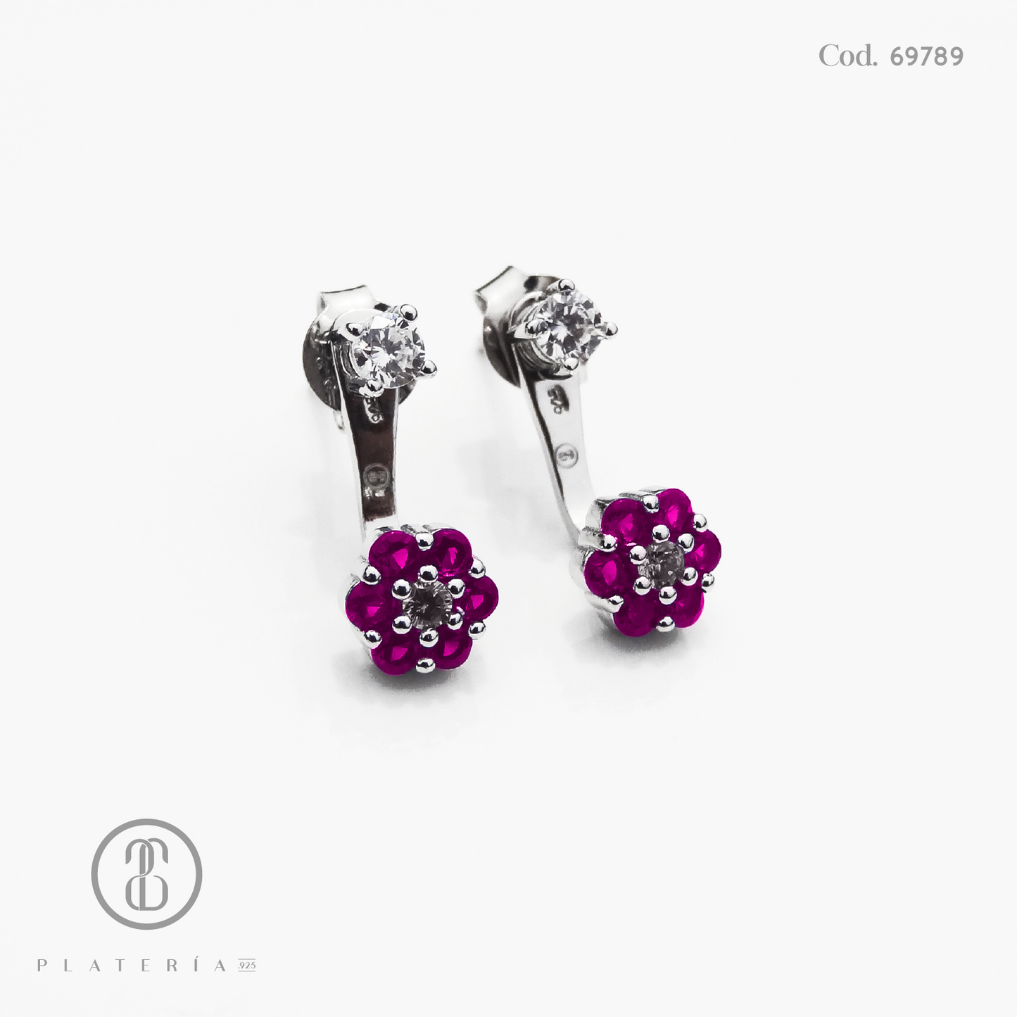 ARETE RODINADO DOBLE ZIRCON CON FLOR FUCSIA PLATA.925
