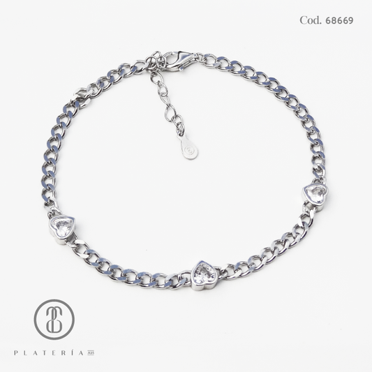 PULSERA RODINADA MARTILLADA CORAZONES 17*3CM PLATA.925