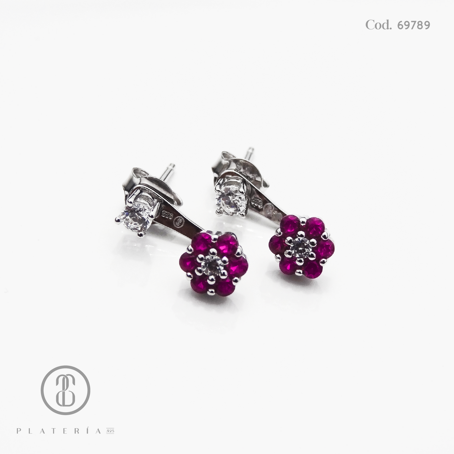 ARETE RODINADO DOBLE ZIRCON CON FLOR FUCSIA PLATA.925