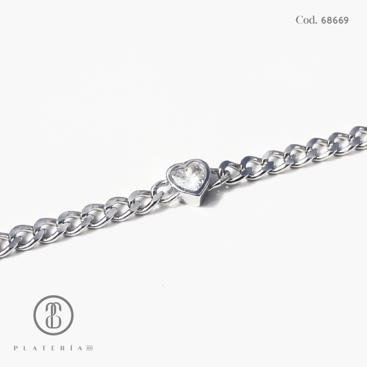 PULSERA RODINADA MARTILLADA CORAZONES 17*3CM PLATA.925