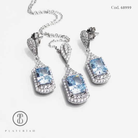 JUEGO RODINADO ZIRCON CELESTE Y BLANCO PLATA.925
