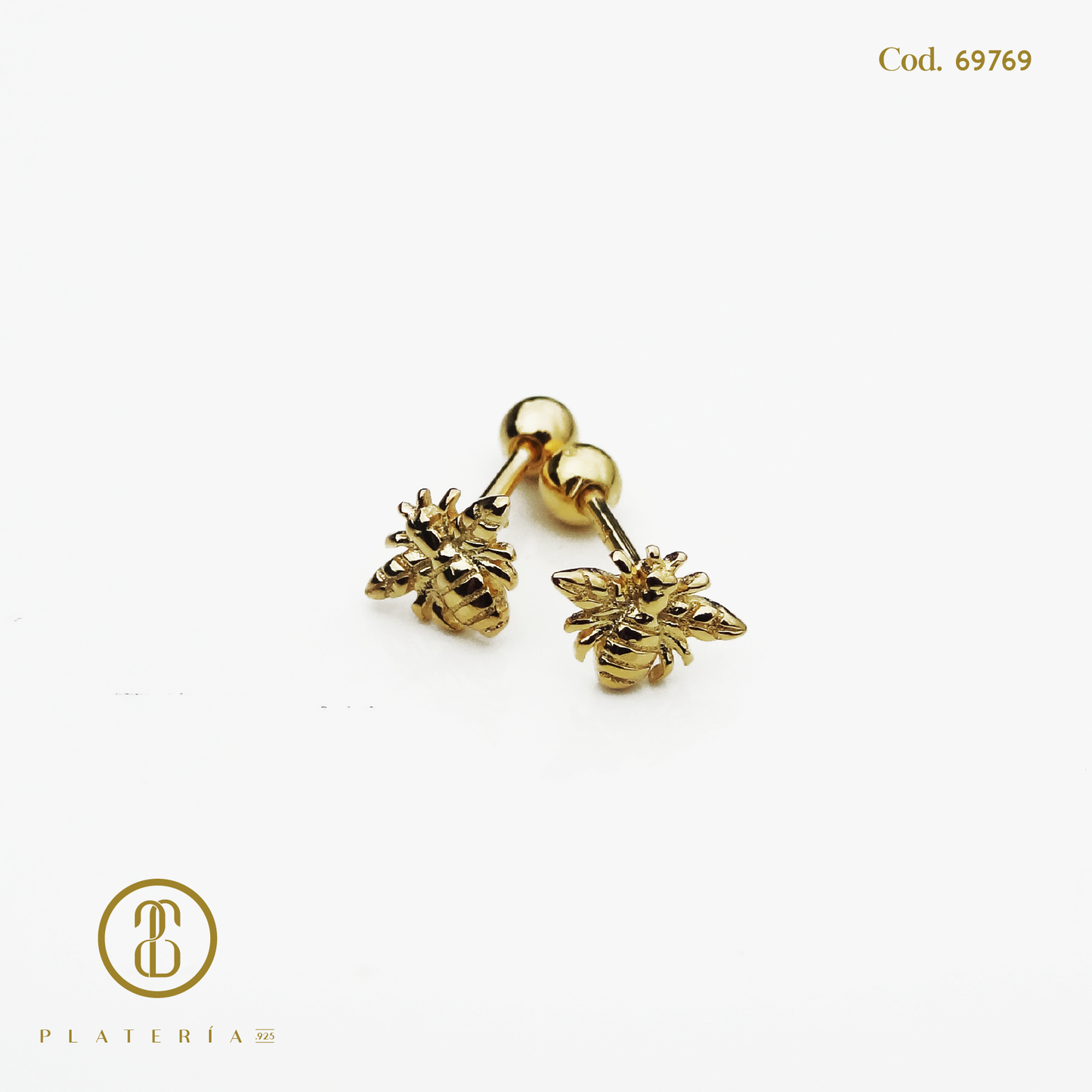 ARETE DORADO BAÑO 14K CIERRE BOLITA ABEJITA PLATA.925