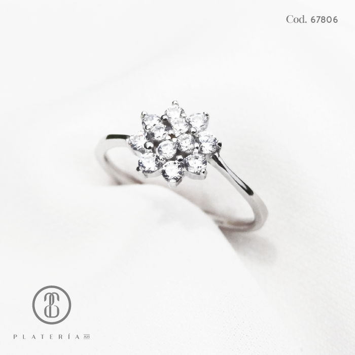 ANILLO RODINADO FLOR ZIRCON PLATA.925