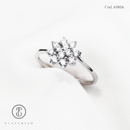 ANILLO RODINADO FLOR ZIRCON PLATA.925