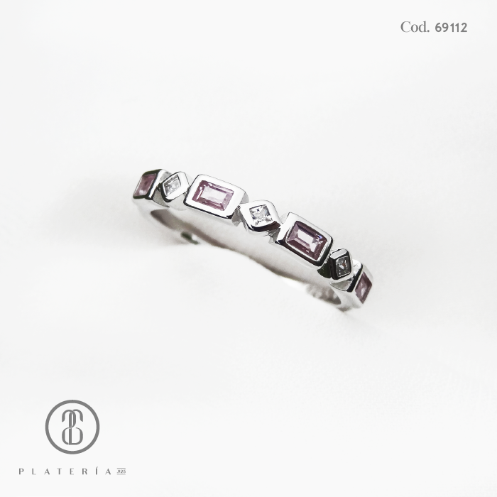 ANILLO RODINADO ZIRCON ROSADO PLATA.925