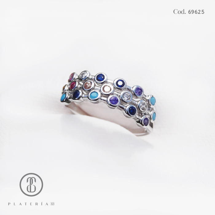 ANILLO RODINADO CIRCON COLORES BISELADOS PLATA.925