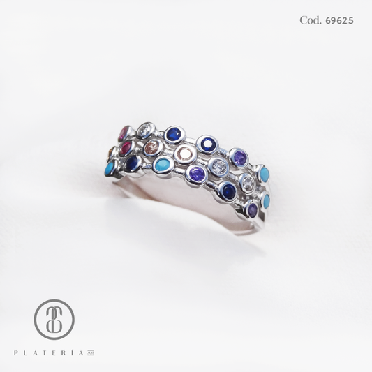 ANILLO RODINADO CIRCON COLORES BISELADOS PLATA.925