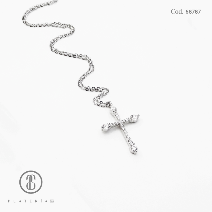 GARGANTILLA RODINADA CRUZ ZIRCON PLATA.925
