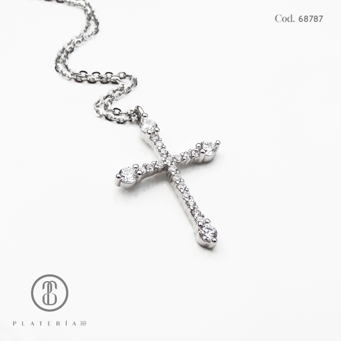 GARGANTILLA RODINADA CRUZ ZIRCON PLATA.925