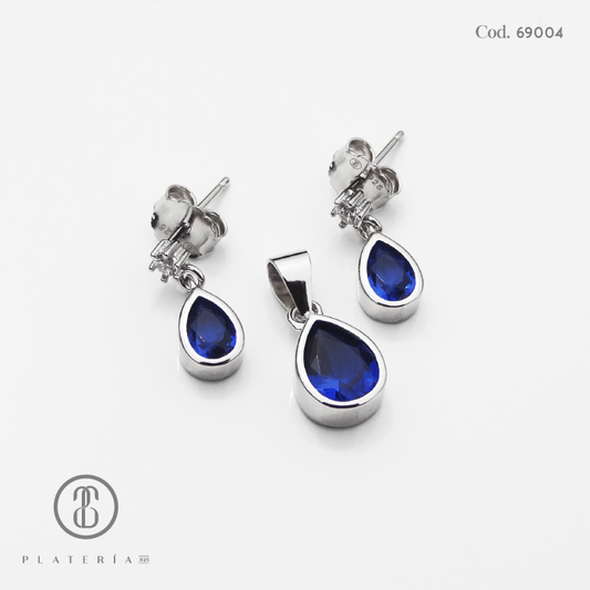 JUEGO RODINADO GOTA ZIRCON AZUL PLATA.925