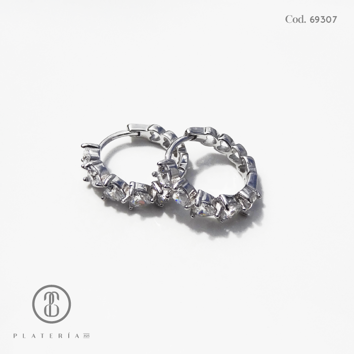 HUGGIE RODINADO CORAZONES ZIRCON 14MM PLATA.925