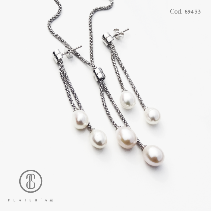 JUEGO RODINADO PERLA CULTIVADA PLATA.925