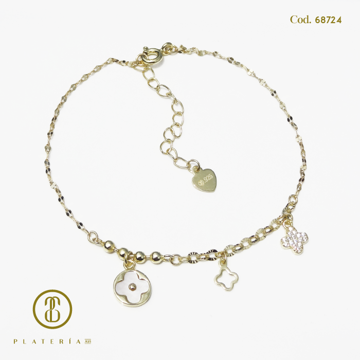 PULSERA DORADA BAÑO 14K TREBOL PLATA.925