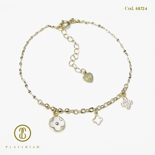 PULSERA DORADA BAÑO 14K TREBOL PLATA.925