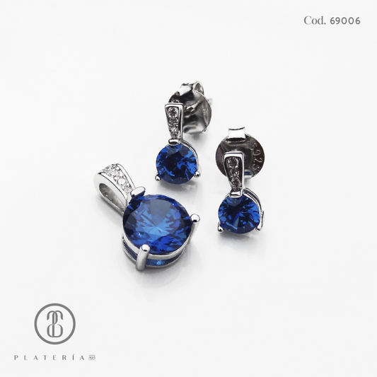 JUEGO RODINADO ZIRCON AZUL PLATA.925