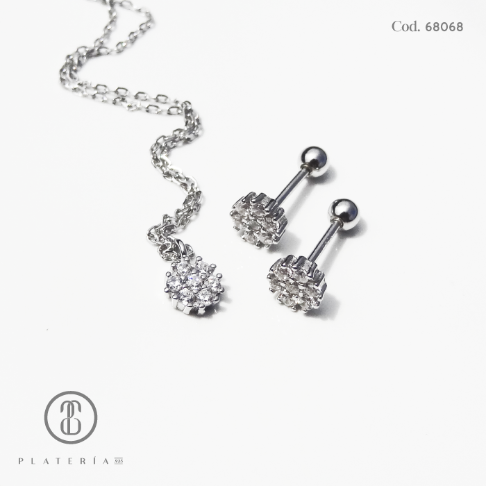 JUEGO RODINADO FLORCITA BLANCO CIERRE BOLITA PLATA.925