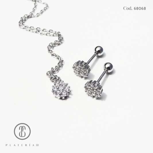 JUEGO RODINADO FLORCITA BLANCO CIERRE BOLITA PLATA.925