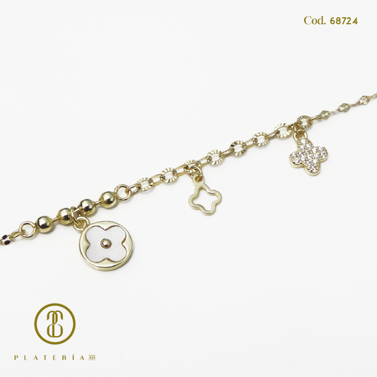 PULSERA DORADA BAÑO 14K TREBOL PLATA.925