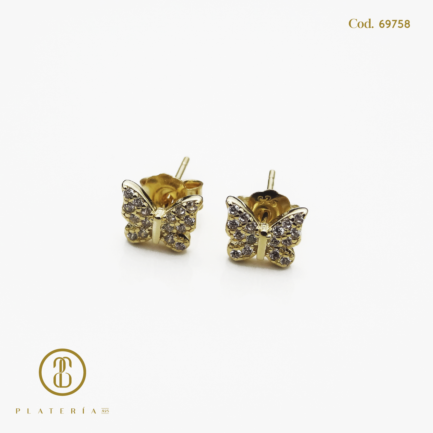 ARETE DORADO BAÑO 14K MARIPOSA PLATA.925