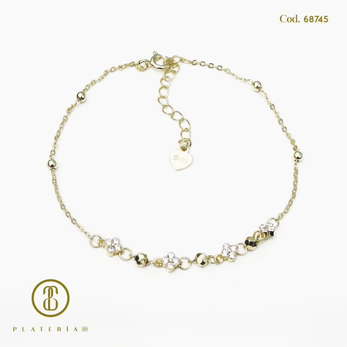PULSERA DORADA BAÑO 14K TREBOL ZIRCON PLATA.925