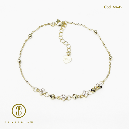 PULSERA DORADA BAÑO 14K TREBOL ZIRCON PLATA.925