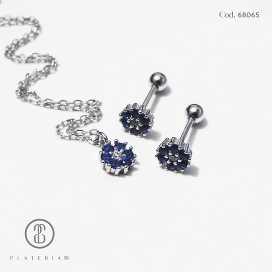 JUEGO RODINADO FLORCITA AZUL CIERRE BOLITA PLATA.925