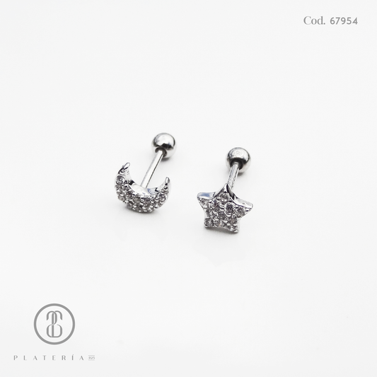 ARETE RODINADO MIS-MATCHED LUNA Y ESTRELLA PLATA.925