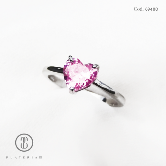 ANILLO RODINADO CORAZON ROSADO PLATA.925