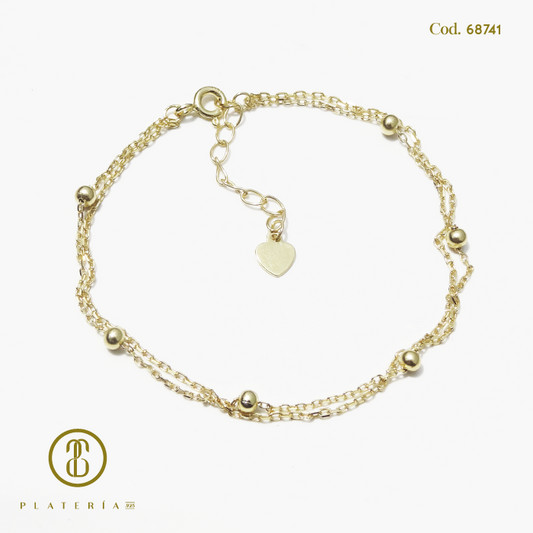 PULSERA DORADA BAÑO 14K DOBLE BOLITAS PLATA.925