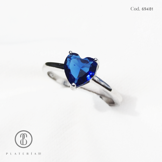 ANILLO RODINADO CORAZON AZUL PLATA.925