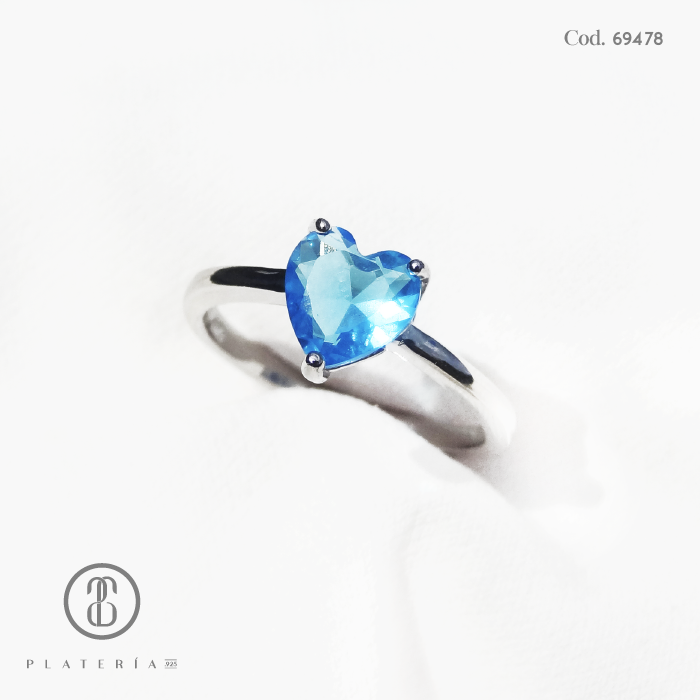 ANILLO RODINADO CORAZON AGUAMARINA PLATA.925