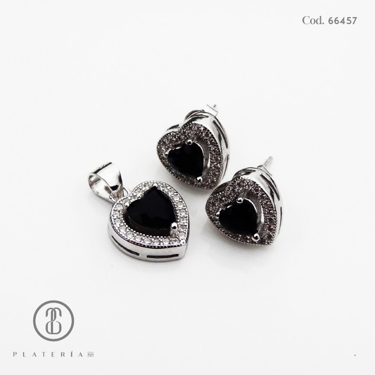 JUEGO RODINADO CORAZON ZIRCON NEGRO PLATA.925