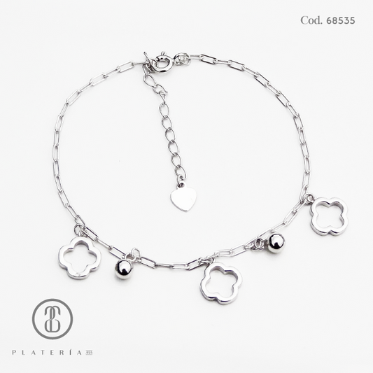 PULSERA RODINADA TREBOL 17*3CM PLATA.925