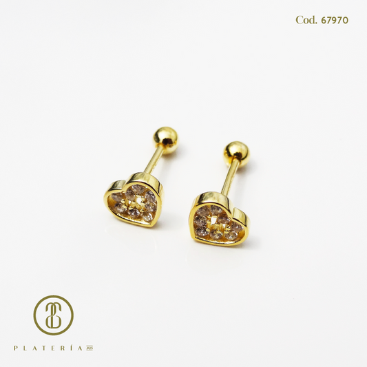 ARETE DORADO BAÑO 14K CORAZON CIERRE BOLITA ZIRCON PLATA.925