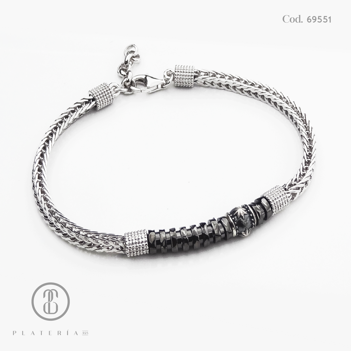 PULSERA RODINADA PARA CABALLERO 19CM TRENZADA CON NEGRO PLATA.925