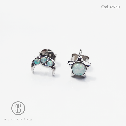 ARETE RODINADO MIS-MATCHED LUNA Y ESTRELLA OPALO PLATA.925