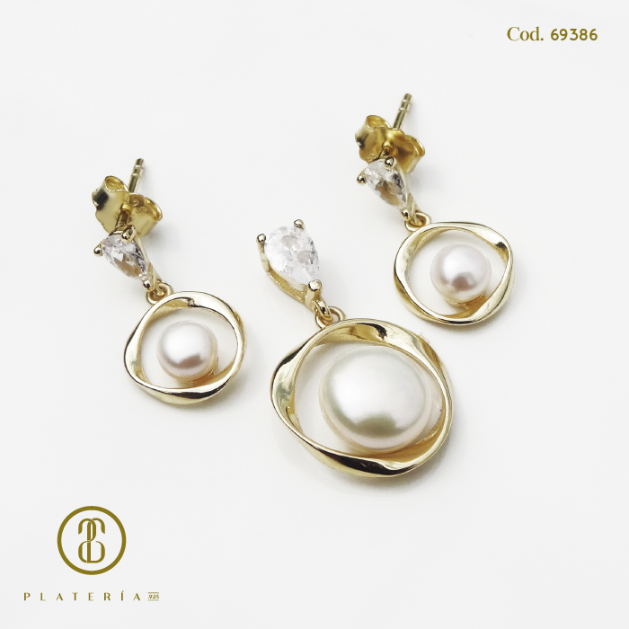 JUEGO DORADO BAÑO 14K PERLA CULTIVADA PLATA.925