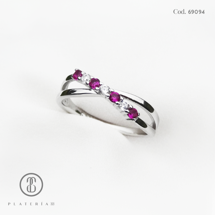 ANILLO RODINADO INFINITO ZIRCON FUCSIA Y BLANCO PLATA.925