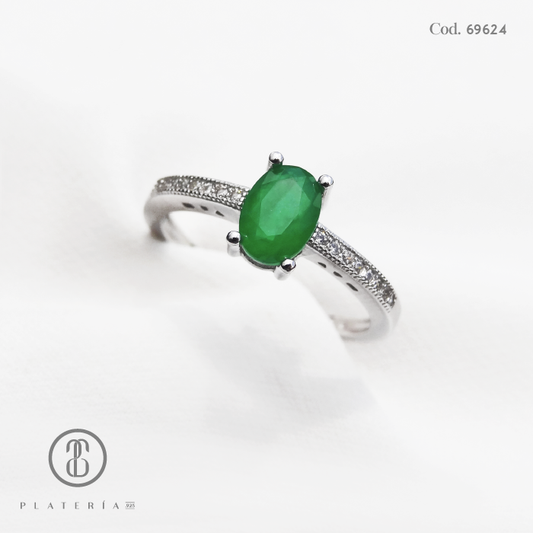 ANILLO RODINADO CIRCON ESMERALDA PLATA.925
