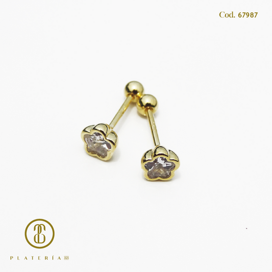 ARETE DORADO BAÑO 14K FLOR CIERRE BOLITA PLATA.925