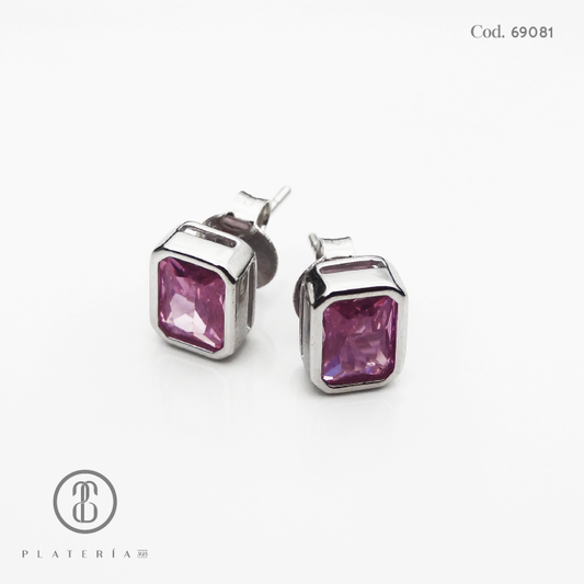 ARETE RODINADO CUADRITO ZIRCON ROSADO PLATA.925
