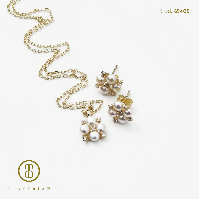 JUEGO DORADO BAÑO 14K PERLA CULTIVADA PLATA.925