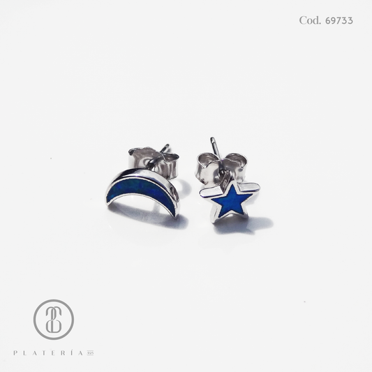 ARETE RODINADO MIS- MACHETED LUNA Y ESTRELLA OPALO PLATA.925
